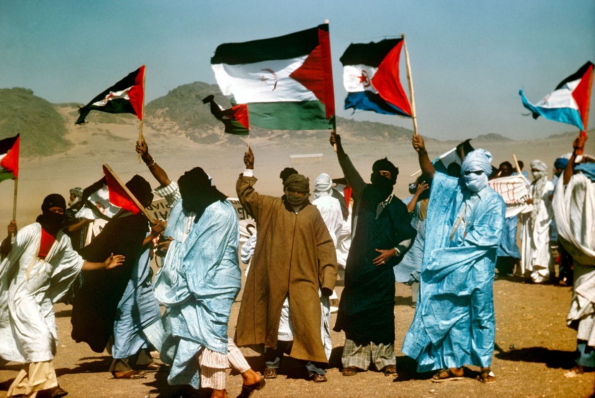 Eine Gruppe Männer steht in der Wüste und schwenkt die Flagge der Polisario.